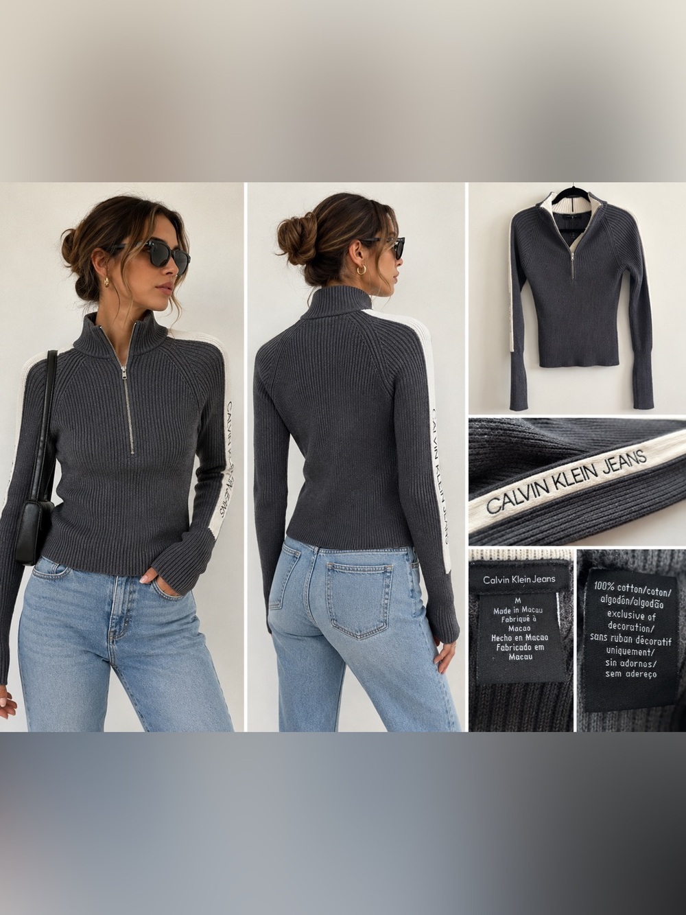 Calvin Klein Jeans 100% Cotton Ribbed Quarter Zip Logo Sweater Gray M